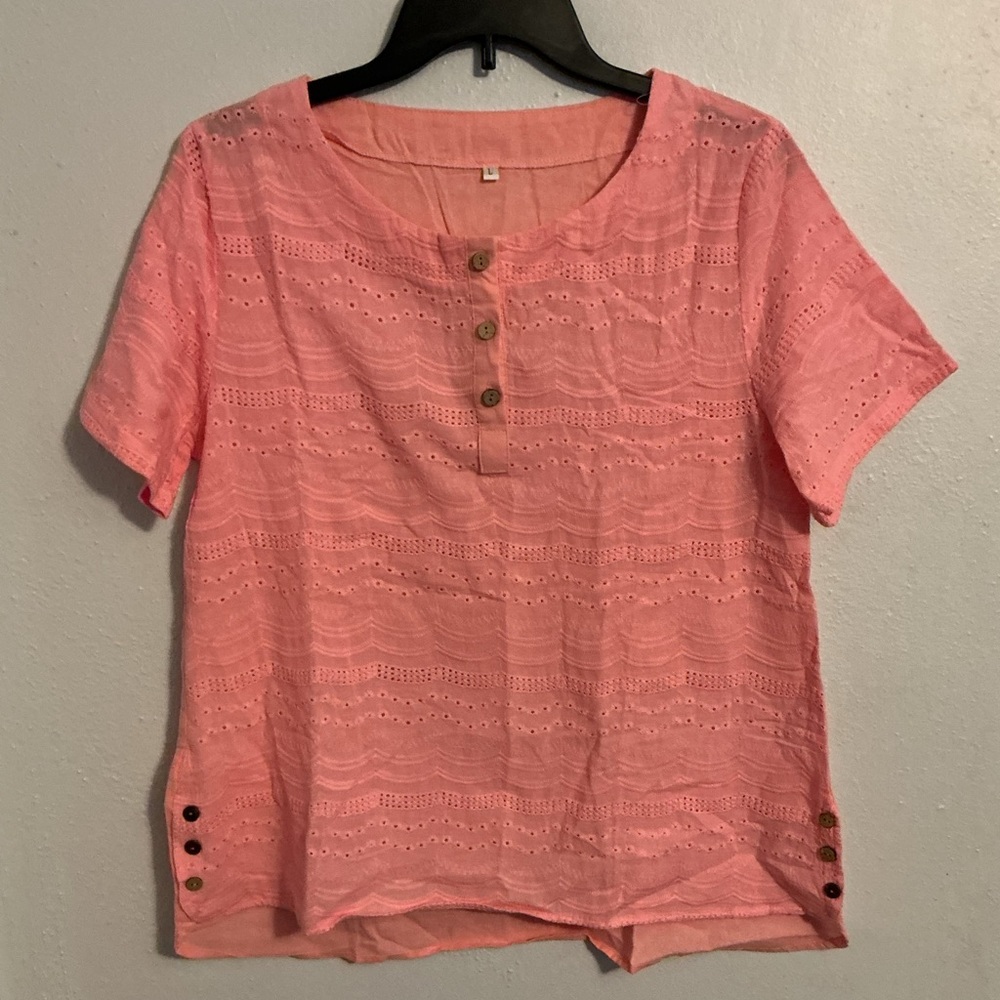 Pink Woman’s Floral Eyelet Button-Down Short Sleeve Top.